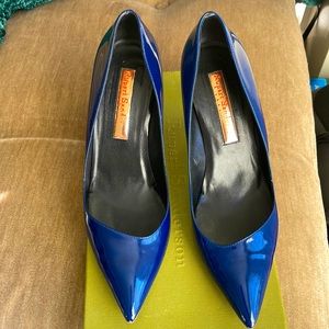Rupert Sanderson Cobalt Blue patent mid-heel pumps. Size 39.5